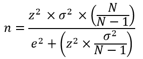 n = (z^2 * σ^2 * (N / (N - 1))) / (e^2 + (z^2 * (σ^2 / (N - 1))))